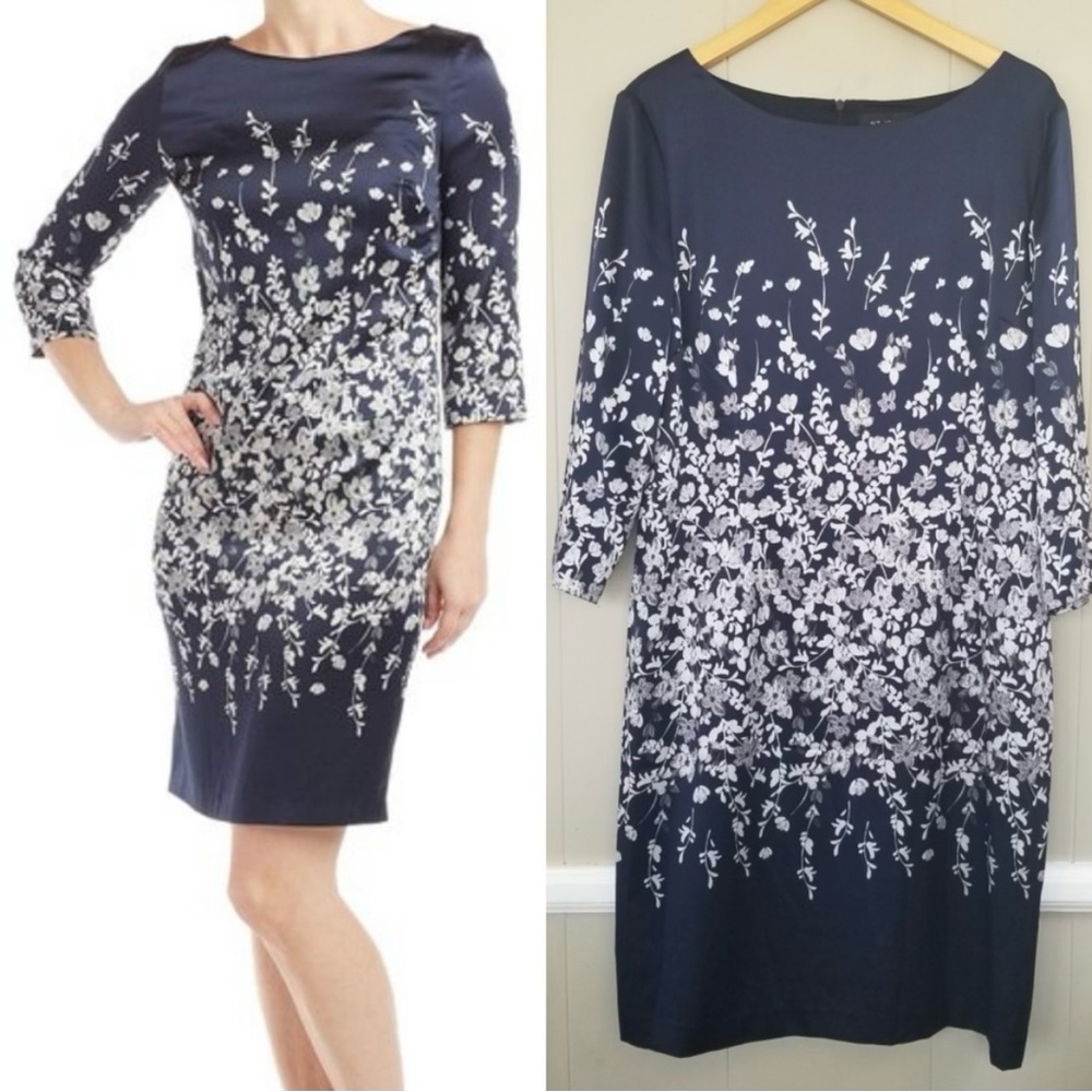 St. John Silk Navy Blue Floral Dress